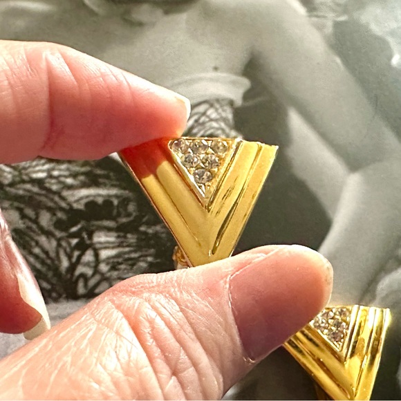 1990s Vintage Gold Tone Triangular Clip On Earrings with Clear Crystal Accents - Picture 2 of 11